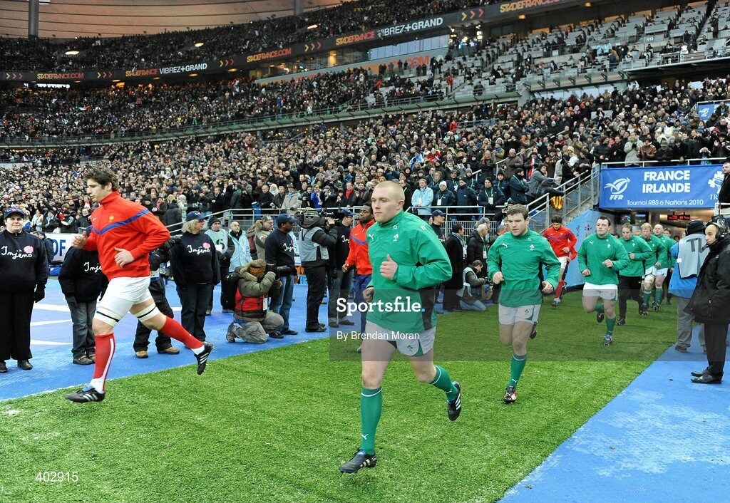 13 February 2010; Keith Earls makes his way out onto the pitch before the start of the game for his first Six Nations start for Ireland. RBS Six Nations Rugby Championship, France v Ireland, Stade de France, Saint Denis, Paris, France. Picture credit: Brendan Moran / SPORTSFILE
