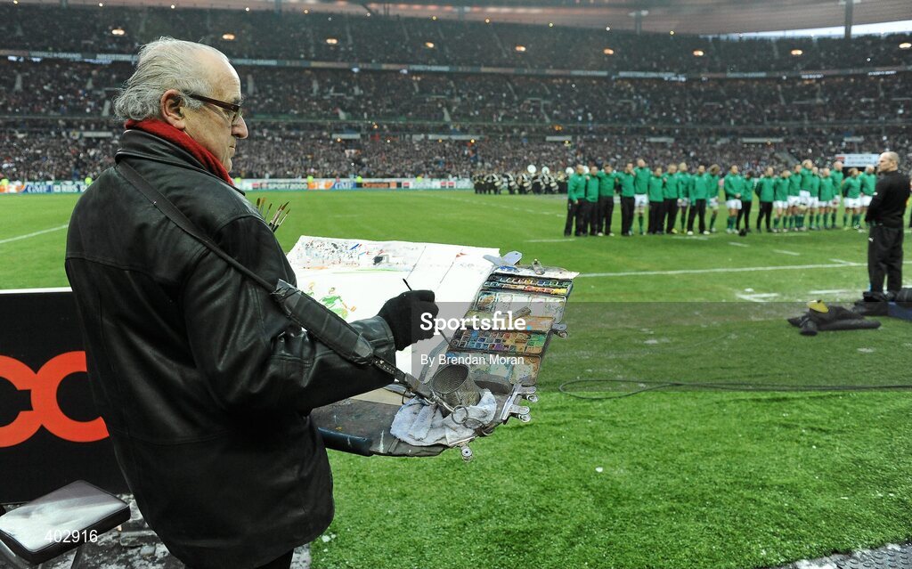 13 February 2010; A pitchside artist paints a view of the game during the national anthems. RBS Six Nations Rugby Championship, France v Ireland, Stade de France, Saint Denis, Paris, France. Picture credit: Brendan Moran / SPORTSFILE *** Local Caption ***