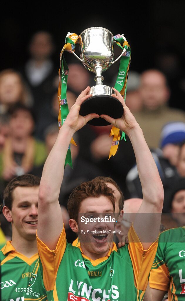 14 February 2010; Gearoid Fitzgerald, Castlegregory, lifts the cup. AIB GAA Football All-Ireland Junior Club Championship Final, Castlegregory, Kerry, v Kiltimagh, Mayo, Croke Park, Dublin. Picture credit: Stephen McCarthy / SPORTSFILE