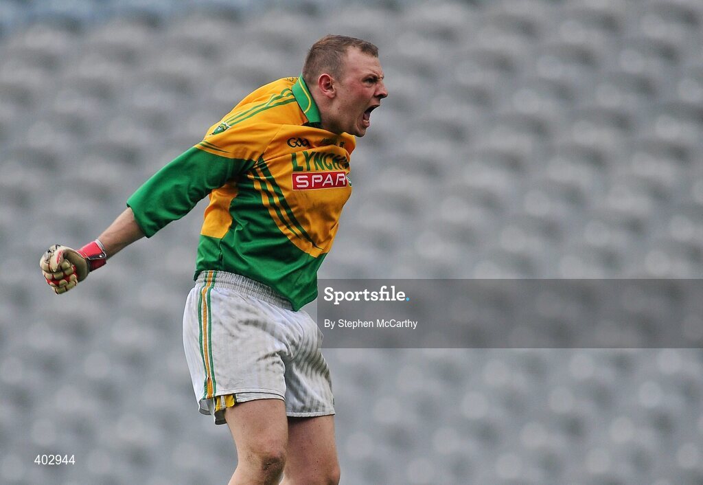 14 February 2010; Shane Kenny, Castlegregory, celebrates a team-mates score late in the game. AIB GAA Football All-Ireland Junior Club Championship Final, Castlegregory, Kerry, v Kiltimagh, Mayo, Croke Park, Dublin. Picture credit: Stephen McCarthy / SPORTSFILE