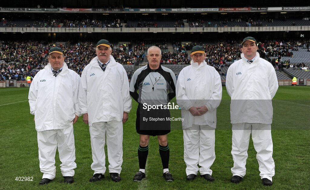14 February 2010; Referee Sean Carroll, Westmeath, with his umpires. AIB GAA Football All-Ireland Junior Club Championship Final, Castlegregory, Kerry, v Kiltimagh, Mayo, Croke Park, Dublin. Picture credit: Stephen McCarthy / SPORTSFILE