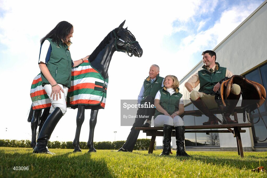 16 February 2010; At the launch of the new Team Ireland Equestrian initiative at the Radisson Hotel, Dublin, are Show Jumping team manager Robert Splaine, second from left, with Equestrian riders, left to right, Yvette Truesdale, Breda Bernie, Irish Paralympic Equestrian and Captain Geoff Curran. Radisson Blu Hotel, Dublin Airport, Dublin. Picture credit: David Maher / SPORTSFILE