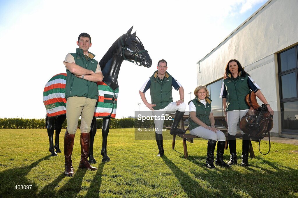 16 February 2010; At the launch of the new Team Ireland Equestrian initiative at the Radisson Hotel, Dublin, are  Equestrian riders, left to right, Captain Geoff Curran, Cian O'Connor, Breda Bernie, Irish Paralympic Equestrian and Yvette Truesdale. Radisson Blu Hotel, Dublin Airport, Dublin. Picture credit: David Maher / SPORTSFILE
