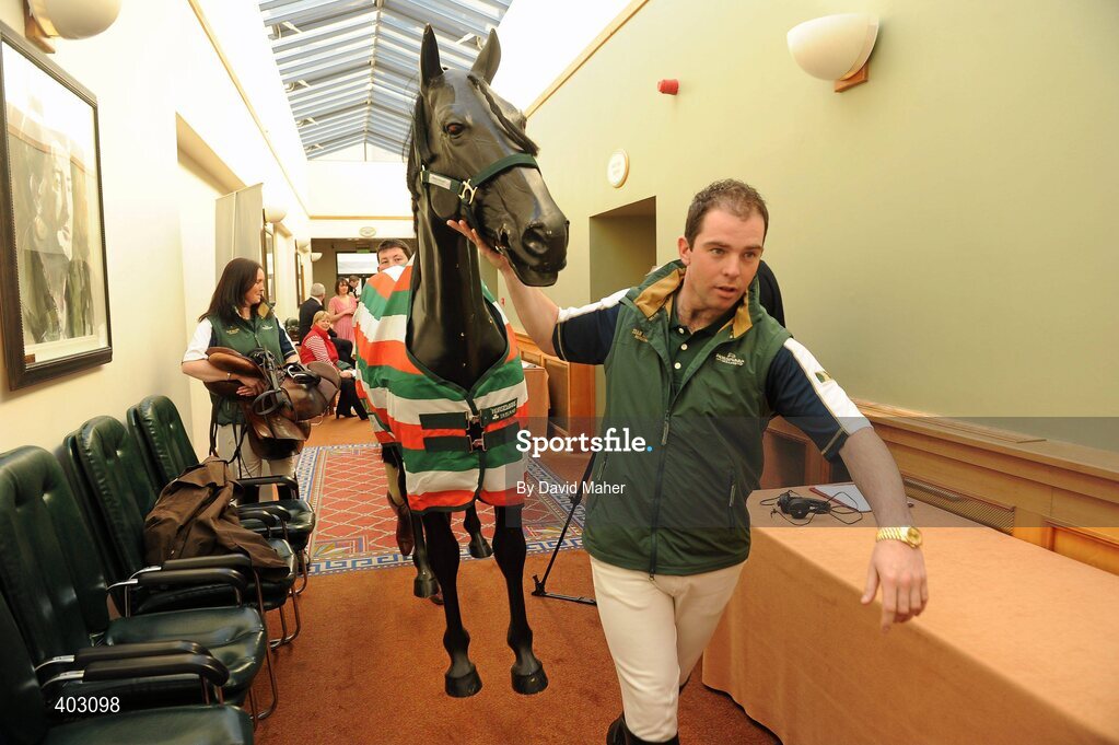 16 February 2010; At the launch of the new Team Ireland Equestrian initiative at the Radisson Hotel, Dublin, is Equestrian rider Cian O'Connor carrying a horse mannequin. Radisson Blu Hotel, Dublin Airport, Dublin. Picture credit: David Maher / SPORTSFILE