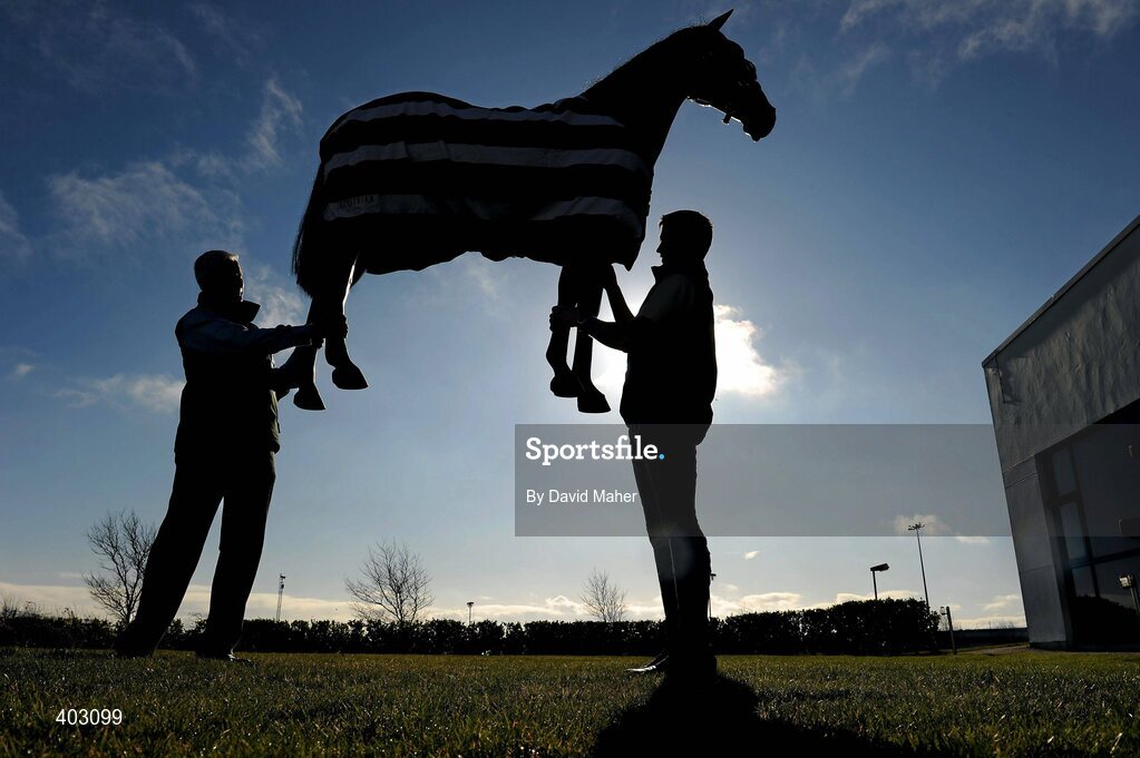 16 February 2010; At the launch of the new Team Ireland Equestrian initiative at the Radisson Hotel, Dublin, are Show Jumping Team Manager Robert Splaine, left, and Equestrian rider Captain Geoff Curran, pictured as they move a Horse Mannequin. Radisson Blu Hotel, Dublin Airport, Dublin. Picture credit: David Maher / SPORTSFILE