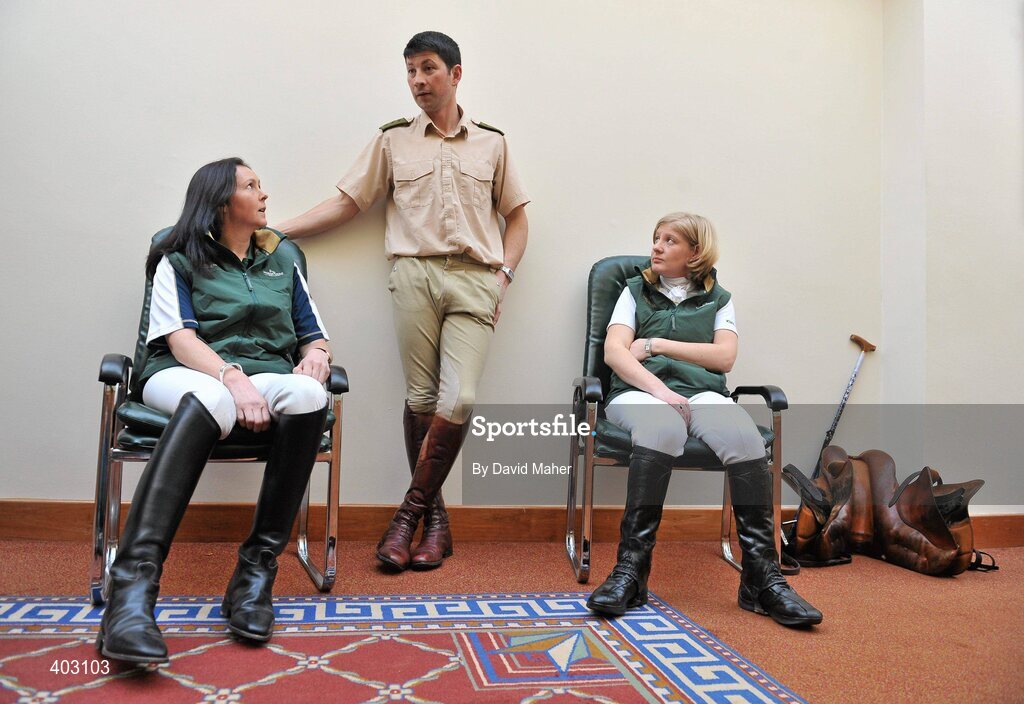 16 February 2010; At the launch of the new Team Ireland Equestrian initiative at the Radisson Hotel, Dublin, is Equestrian riders, Yvette Truesdale, left, Captain Geoff Curran and Breda Bernie, Irish Paralympic Equestrian. Radisson Blu Hotel, Dublin Airport, Dublin. Picture credit: David Maher / SPORTSFILE