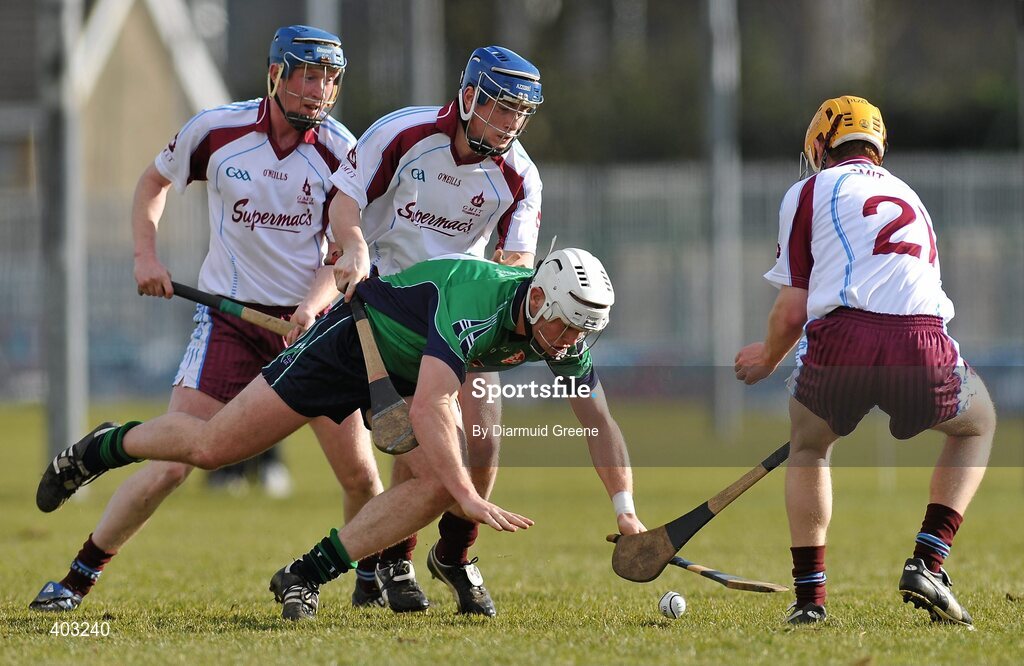 16 February 2010; Willie Hyland, LIT, in action against Ronan Madden, left, Brian Quinn, centre, and David Fitzell, GMIT. Ulster Bank Fitzgibbon Cup Round 3, Limerick Institute of Technology v Galway Mayo Institute of Technology. Limerick IT, Limerick. Picture credit: Diarmuid Greene / SPORTSFILE