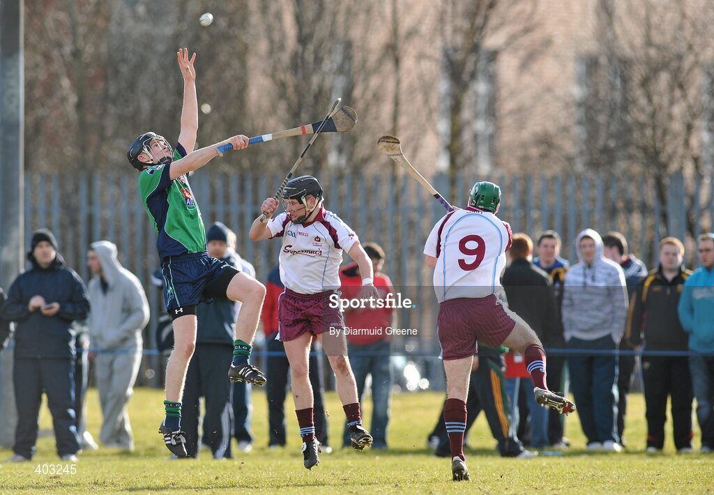 16 February 2010; Ronan Sherlock, LIT, in action against Jimmy Gelston, left, and Andrew O'Shaughnessey, 9, GMIT. Ulster Bank Fitzgibbon, Cup Round 3, Limerick Institute of Technology v Galway Mayo Institute of Technology. Limerick IT, Limerick. Picture credit: Diarmuid Greene / SPORTSFILE