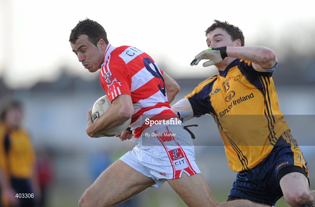 17 February 2010; Sean O'Hare, CIT, in action against Paddy Andrews, DCU. Ulster Bank Sigerson Cup Quarter-Final, Dublin City University v Cork Institute of Technology, DCU Sportsgrounds, Ballymun, Dublin. Picture credit: David Maher / SPORTSFILE
