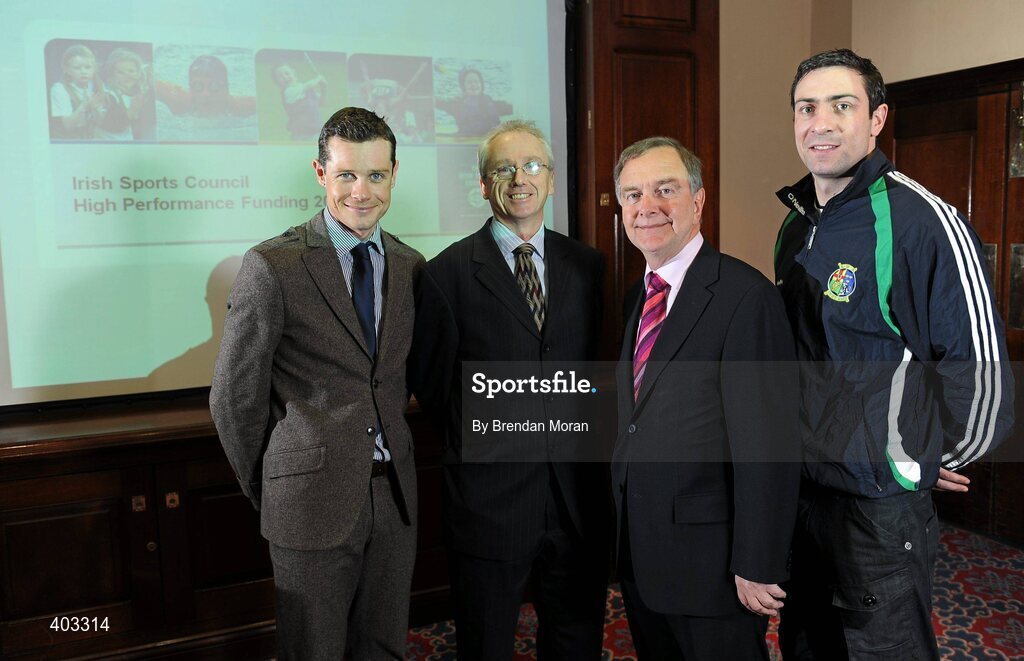 17 February 2010; At the announcement of the High Performance Grants 2010 by the Irish Sports Council are, cyclist Nicholas Roche, John Treacy, Chief Executive, Irish Sports Council, Minister for Arts, Sport and Tourism, Martin Cullen, TD, and boxer Kenny Egan. The Irish Sports Council’s €8.35 million investment package in High Performance Sport for 2010 was formally announced at an press conference attended by many of the country’s high performance athletes. As part of the investment package, 16 sports bodies will receive €5.7 million for their High Performance Plans and 273 athletes and four teams will receive €2.65 million under the International Carding Scheme. O'Callaghan Davenport Hotel, Dublin. Picture credit: Brendan Moran / SPORTSFILE