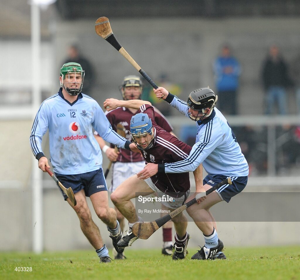 14 February 2010; Donal barry, Galway, in action against John Kelly, left, and Ronan Fallon, Dublin. Walsh Cup Final, Dublin v Galway, Parnell Park, Dublin. Picture credit: Ray McManus / SPORTSFILE