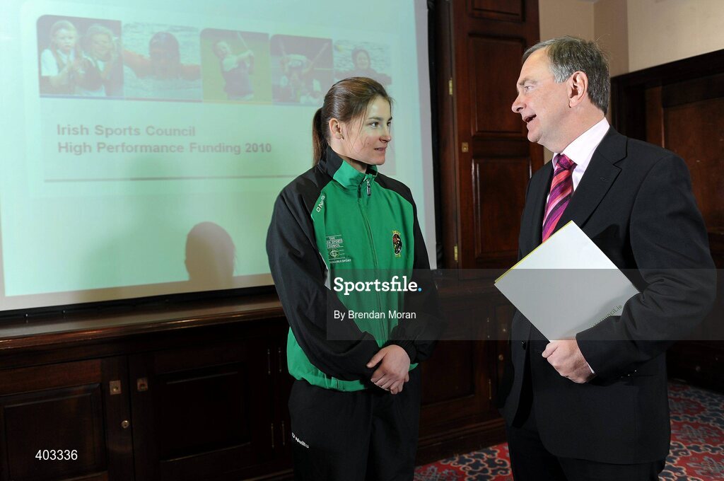 17 February 2010; At the announcement of the High Performance Grants 2010 by the Irish Sports Council is boxer Katie Taylor with Minister for Arts, Sport and Tourism, Martin Cullen, TD. The Irish Sports Council’s €8.35 million investment package in High Performance Sport for 2010 was formally announced at an press conference attended by many of the country’s high performance athletes. As part of the investment package, 16 sports bodies will receive €5.7 million for their High Performance Plans and 273 athletes and four teams will receive €2.65 million under the International Carding Scheme. O'Callaghan Davenport Hotel, Dublin. Picture credit: Brendan Moran / SPORTSFILE