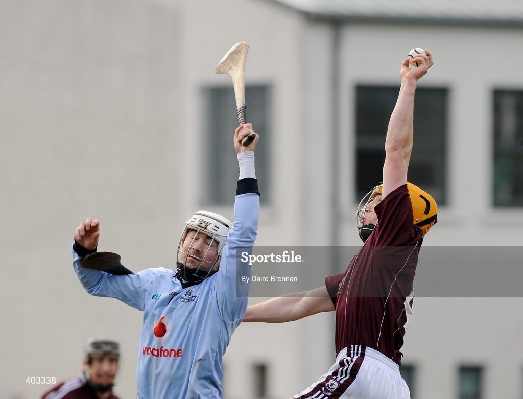 14 February 2010; Pat Holland, Galway, catches a high ball ahead of Peadar Carton, Dublin. Walsh Cup Final, Dublin v Galway, Parnell Park, Dublin. Picture credit: Daire Brennan / SPORTSFILE