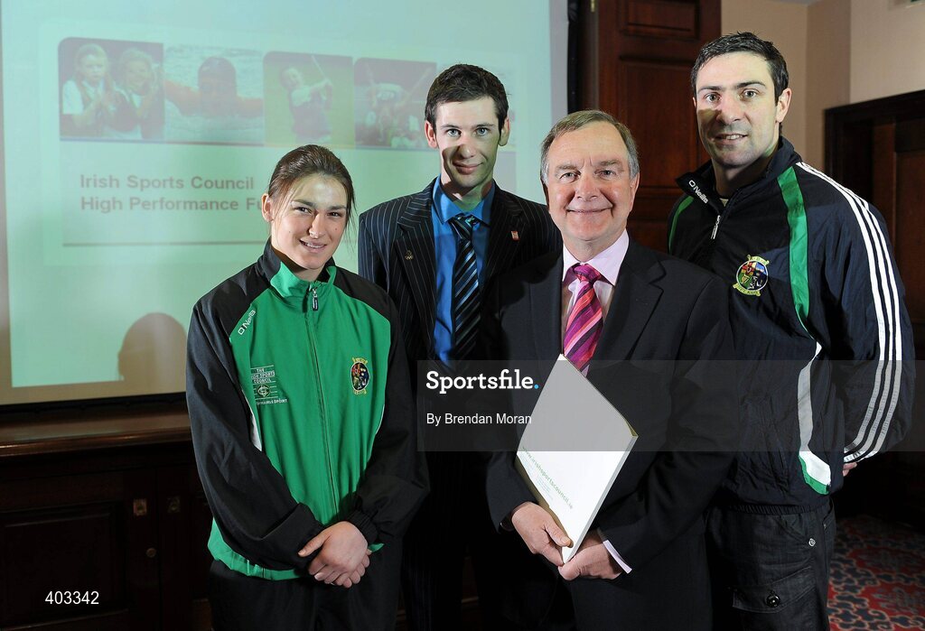 17 February 2010; At the announcement of the High Performance Grants 2010 by the Irish Sports Council are, from left, boxer Katie Taylor, paralympic athlete Michael McKillop, Minister for Arts, Sport and Tourism, Martin Cullen, TD, and boxer Kenny Egan. The Irish Sports Council’s €8.35 million investment package in High Performance Sport for 2010 was formally announced at an press conference attended by many of the country’s high performance athletes. As part of the investment package, 16 sports bodies will receive €5.7 million for their High Performance Plans and 273 athletes and four teams will receive €2.65 million under the International Carding Scheme. O'Callaghan Davenport Hotel, Dublin. Picture credit: Brendan Moran / SPORTSFILE