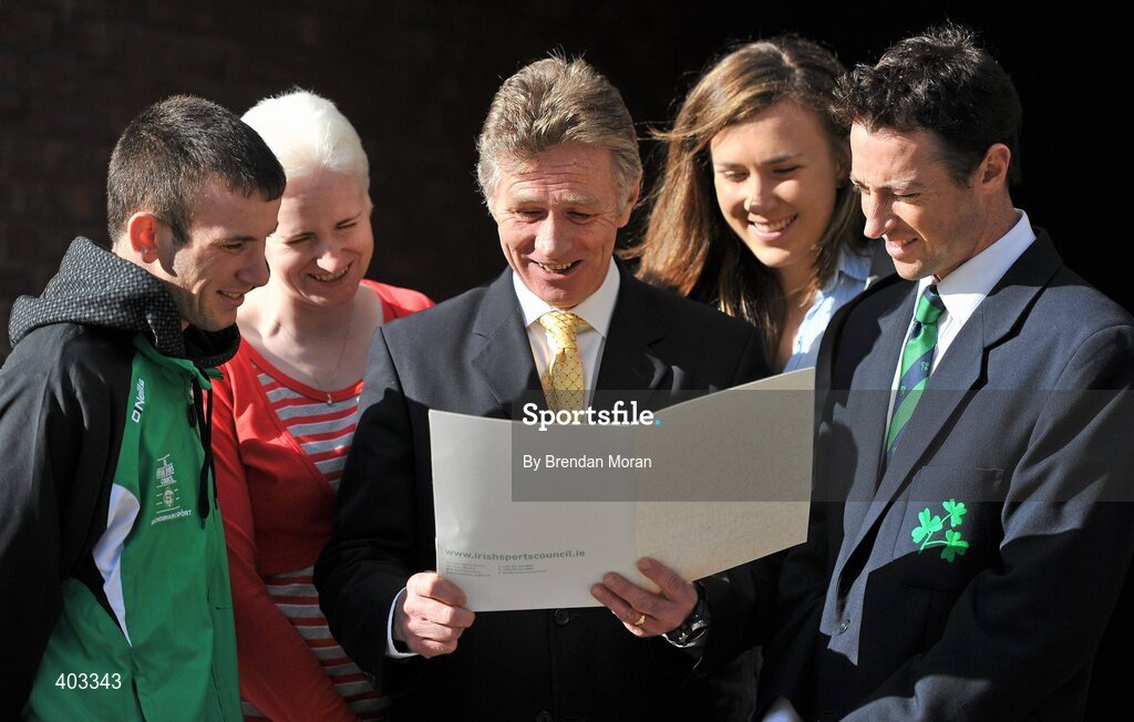 17 February 2010; At the announcement of the High Performance Grants 2010 by the Irish Sports Council, from left, John Joe Nevin, Boxing, Caterine Walsh, Cycling, Eamonn Coghlan, Chairman of the newly formed High Performance Committee of the Irish Sports Council, Annalise Murphy, Sailing, and Alex Cusack, Cricket. The Irish Sports Council’s €8.35 million investment package in High Performance Sport for 2010 was formally announced at an press conference attended by many of the country’s high performance athletes. As part of the investment package, 16 sports bodies will receive €5.7 million for their High Performance Plans and 273 athletes and four teams will receive €2.65 million under the International Carding Scheme. O'Callaghan Davenport Hotel, Dublin. Picture credit: Brendan Moran / SPORTSFILE