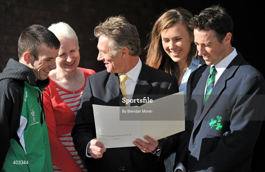 17 February 2010; At the announcement of the High Performance Grants 2010 by the Irish Sports Council, from left, John Joe Nevin, Boxing, Caterine Walsh, Cycling, Eamonn Coghlan, Chairman of the newly formed High Performance Committee of the Irish Sports Council, Annalise Murphy, Sailing, and Alex Cusack, Cricket. The Irish Sports Council’s €8.35 million investment package in High Performance Sport for 2010 was formally announced at an press conference attended by many of the country’s high performance athletes. As part of the investment package, 16 sports bodies will receive €5.7 million for their High Performance Plans and 273 athletes and four teams will receive €2.65 million under the International Carding Scheme. O'Callaghan Davenport Hotel, Dublin. Picture credit: Brendan Moran / SPORTSFILE