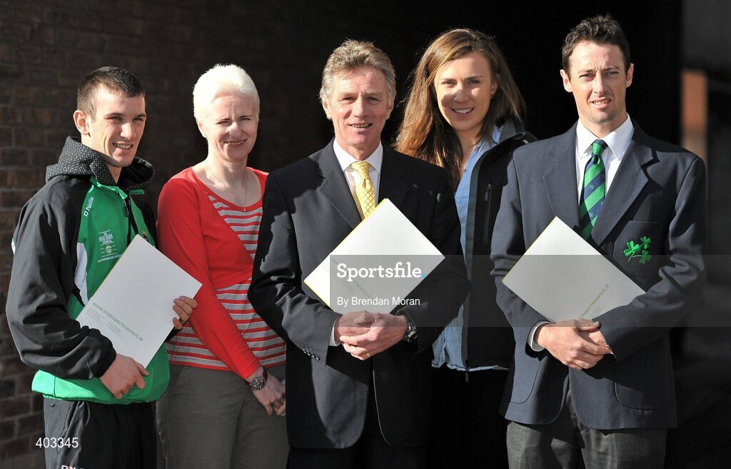 17 February 2010; At the announcement of the High Performance Grants 2010 by the Irish Sports Council, from left, John Joe Nevin, Boxing, Caterine Walsh, Cycling, Eamonn Coghlan, Chairman of the newly formed High Performance Committee of the Irish Sports Council, Annalise Murphy, Sailing, and Alex Cusack, Cricket. The Irish Sports Council’s €8.35 million investment package in High Performance Sport for 2010 was formally announced at an press conference attended by many of the country’s high performance athletes. As part of the investment package, 16 sports bodies will receive €5.7 million for their High Performance Plans and 273 athletes and four teams will receive €2.65 million under the International Carding Scheme. O'Callaghan Davenport Hotel, Dublin. Picture credit: Brendan Moran / SPORTSFILE