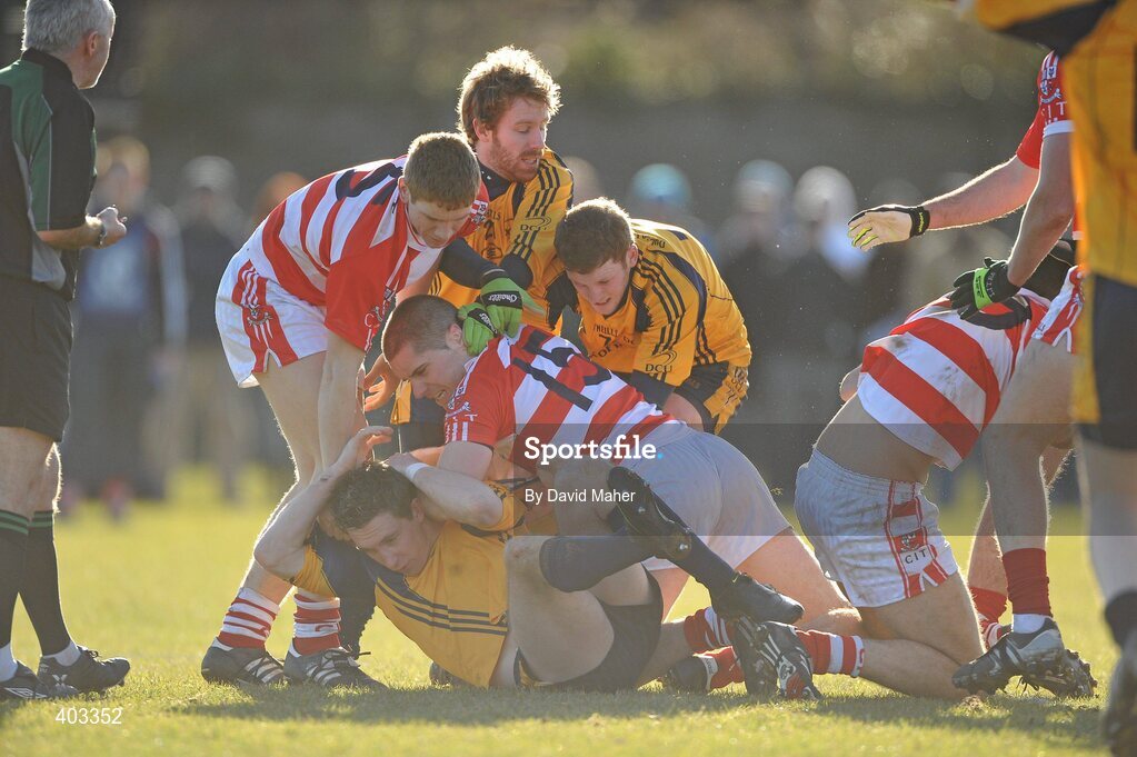 17 February 2010; Players from both DCU and CIT confront each other during the closing minutes of the match. Ulster Bank Sigerson Cup Quarter-Final, Dublin City University v Cork Institute of Technology, DCU Sportsgrounds, Ballymun, Dublin. Picture credit: David Maher / SPORTSFILE