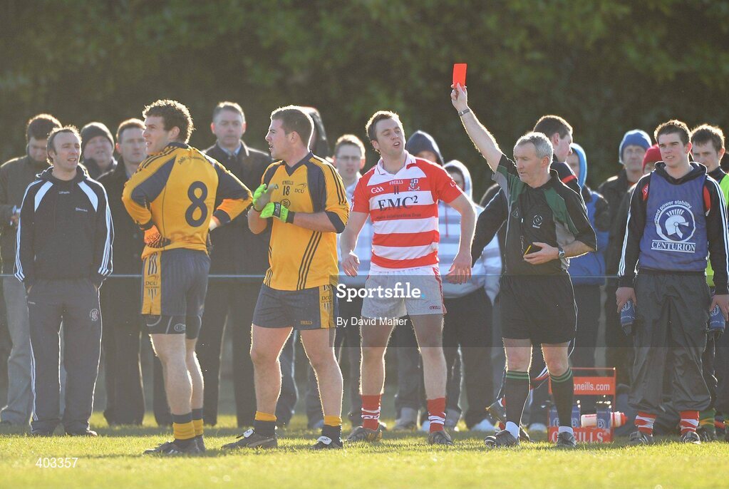 17 February 2010; Referee Paul Finnegan shows the red card to CIT's Paul Kerrigan. Ulster Bank Sigerson Cup Quarter-Final, Dublin City University v Cork Institute of Technology, DCU Sportsgrounds, Ballymun, Dublin. Picture credit: David Maher / SPORTSFILE