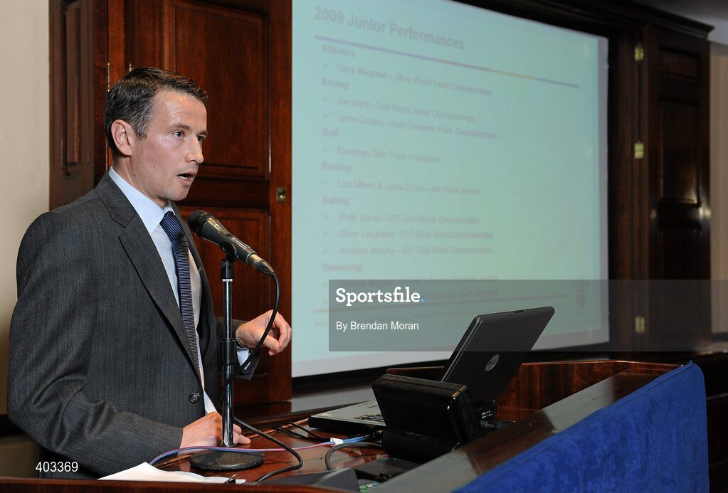 17 February 2010; Speaking at the announcement of the High Performance Grants 2010 by the Irish Sports Council is Finbarr Kirwan, Head of the High Performance Unit at the Irish Sports Council. The Irish Sports Council’s €8.35 million investment package in High Performance Sport for 2010 was formally announced at an press conference attended by many of the country’s high performance athletes. As part of the investment package, 16 sports bodies will receive €5.7 million for their High Performance Plans and 273 athletes and four teams will receive €2.65 million under the International Carding Scheme. O'Callaghan Davenport Hotel, Dublin. Picture credit: Brendan Moran / SPORTSFILE