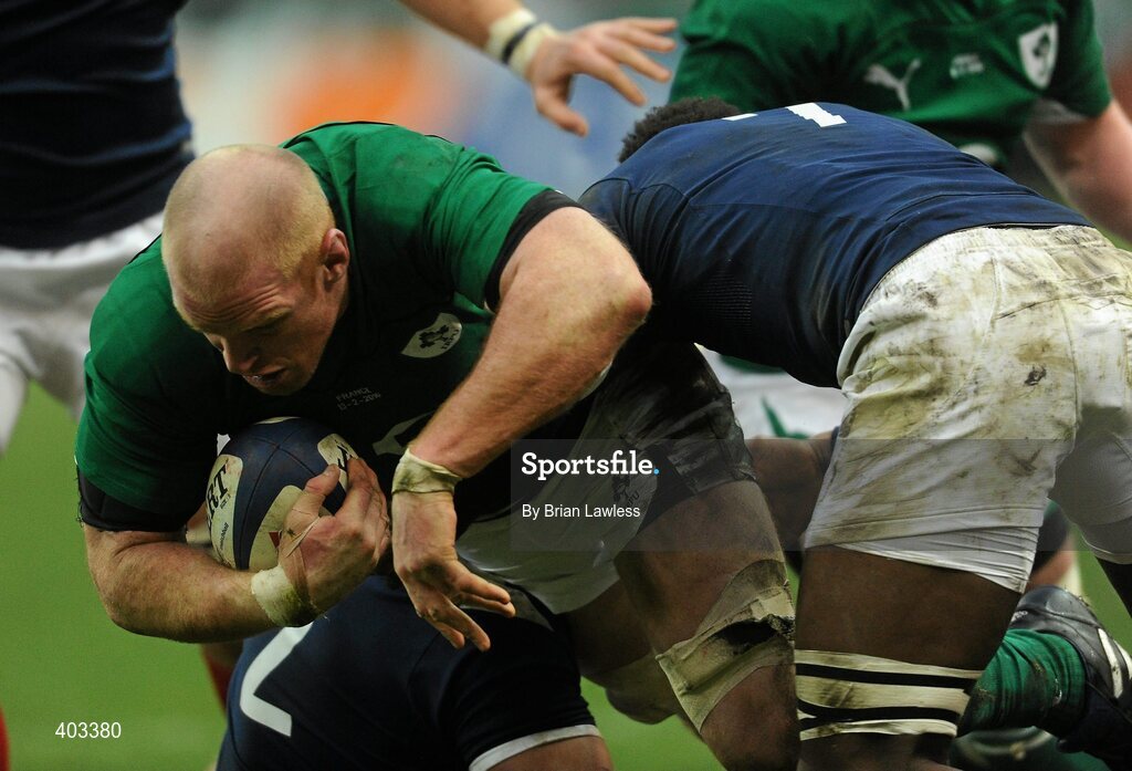 13 February 2010; Paul O'Connell, Ireland, is tackled by Fulgence Ouedraogo, France. RBS Six Nations Rugby Championship, France v Ireland, Stade de France, Saint Denis, Paris, France. Picture credit: Brian Lawless / SPORTSFILE *** Local Caption ***