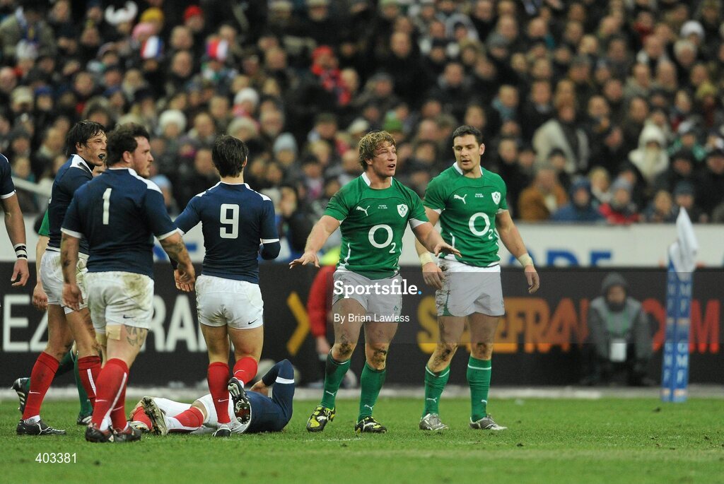 13 February 2010; Jerry Flannery, Ireland, after his tackle on Alexis Palisson, on the ground. RBS Six Nations Rugby Championship, France v Ireland, Stade de France, Saint Denis, Paris, France. Picture credit: Brian Lawless / SPORTSFILE *** Local Caption ***