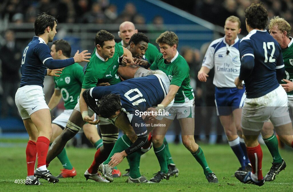 13 February 2010; Francois Trinh-Duc, France, is tackled by David Wallace, left, and Ronan O'Gara, Ireland. RBS Six Nations Rugby Championship, France v Ireland, Stade de France, Saint Denis, Paris, France. Picture credit: Brian Lawless / SPORTSFILE *** Local Caption ***