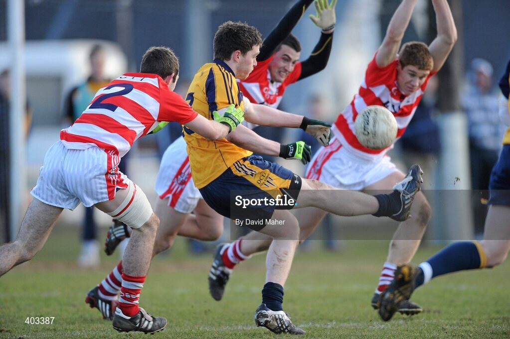 17 February 2010; Paddy Andrews, DCU, in action against CIT players, from left to right, Noel Galvin, Ross O'Dwyer and Stephen O'Donoghue. Ulster Bank Sigerson Cup Quarter-Final, Dublin City University v Cork Institute of Technology, DCU Sportsgrounds, Ballymun, Dublin. Picture credit: David Maher / SPORTSFILE
