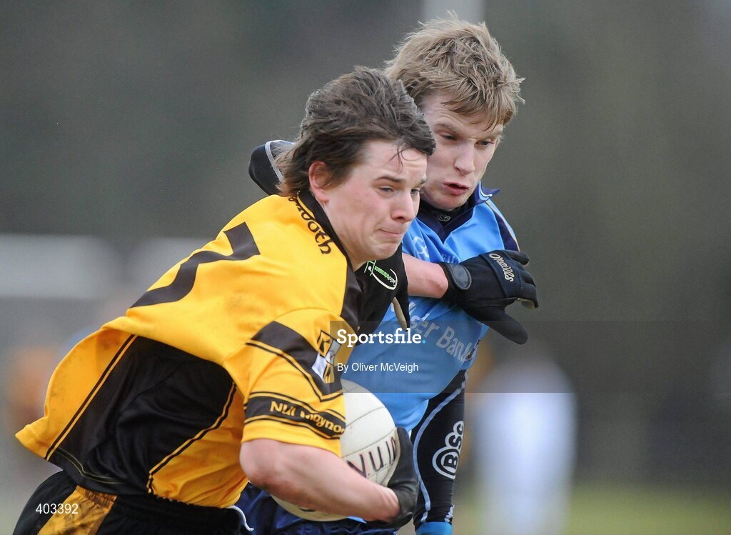 17 February 2010; David Quinn, NUI Maynooth, in action against Donal Morgan, UUJ. Ulster Bank Sigerson Cup Quarter-Final, University of Ulster Jordanstown v NUI Maynooth, Jordanstown, Shore Road, Newtownabbey, Co. Antrim. Picture credit: Oliver McVeigh / SPORTSFILE