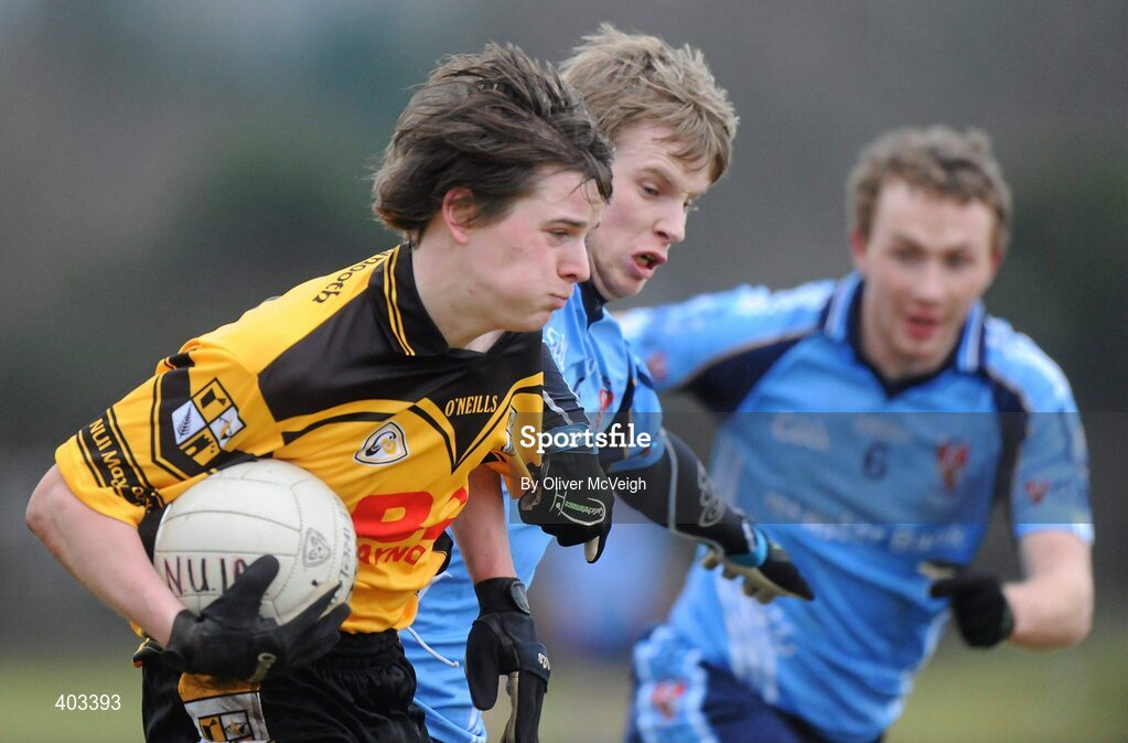 17 February 2010; David Quinn, NUI Maynooth, in action against Donal Morgan, UUJ. Ulster Bank Sigerson Cup Quarter-Final, University of Ulster Jordanstown v NUI Maynooth, Jordanstown, Shore Road, Newtownabbey, Co. Antrim. Picture credit: Oliver McVeigh / SPORTSFILE