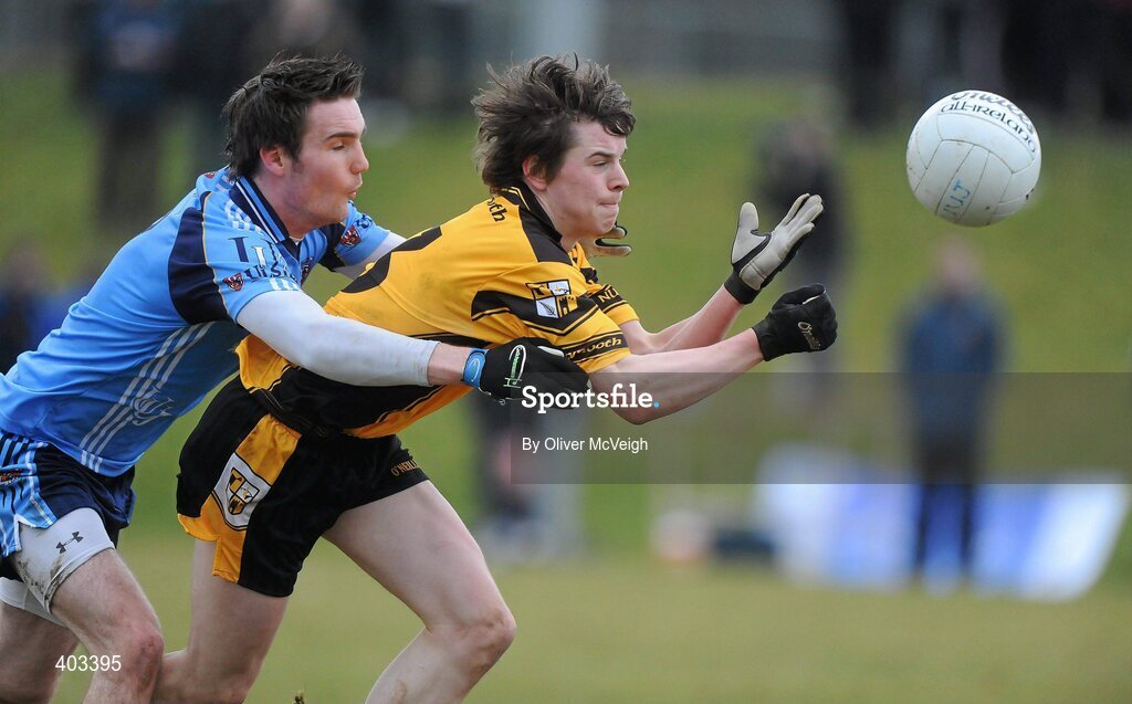17 February 2010; David Quinn, NUI Maynooth, in action against Ciaran McGinley, UUJ. Ulster Bank Sigerson Cup Quarter-Final, University of Ulster Jordanstown v NUI Maynooth, Jordanstown, Shore Road, Newtownabbey, Co. Antrim. Picture credit: Oliver McVeigh / SPORTSFILE
