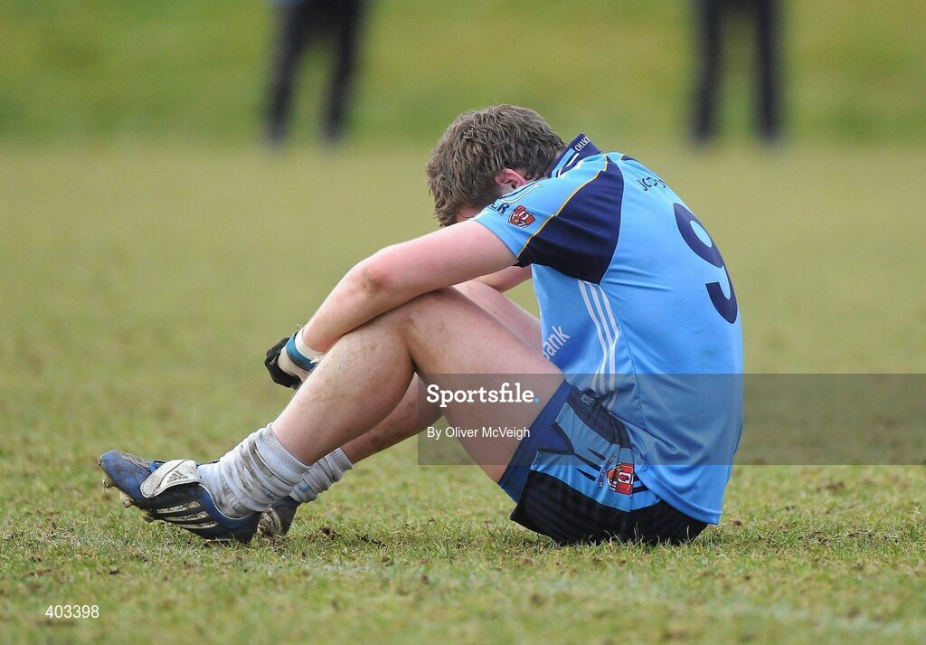 17 February 2010; A dejected Darren Hughes, UUJ, after the final whistle. Ulster Bank Sigerson Cup Quarter-Final, University of Ulster Jordanstown v NUI Maynooth, Jordanstown, Shore Road, Newtownabbey, Co. Antrim. Picture credit: Oliver McVeigh / SPORTSFILE