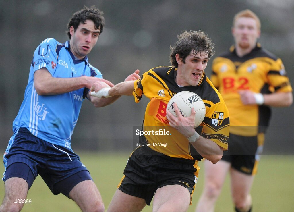 17 February 2010; Niall Coyne, NUI Maynooth, in action against Liam Hinphey, UUJ. Ulster Bank Sigerson Cup Quarter-Final, University of Ulster Jordanstown v NUI Maynooth, Jordanstown, Shore Road, Newtownabbey, Co. Antrim. Picture credit: Oliver McVeigh / SPORTSFILE