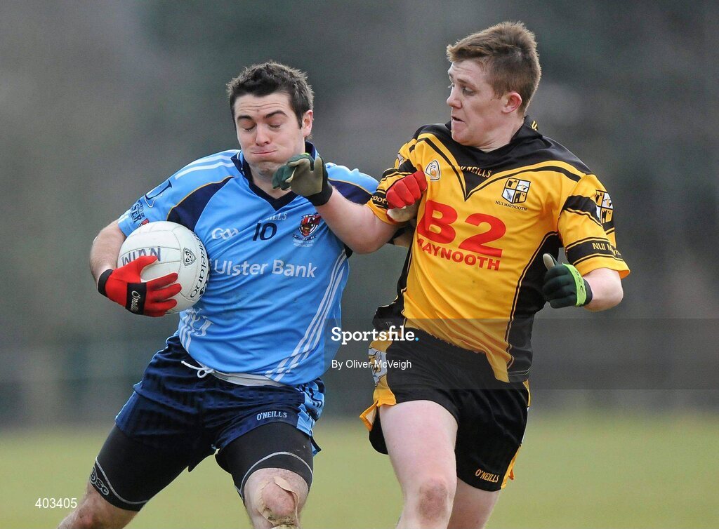 17 February 2010; Jason McAnnulla, UUJ, in action against Nigel Dunn, NUI Maynooth. Ulster Bank Sigerson Cup Quarter-Final, University of Ulster Jordanstown v NUI Maynooth, Jordanstown, Shore Road, Newtownabbey, Co. Antrim. Picture credit: Oliver McVeigh / SPORTSFILE
