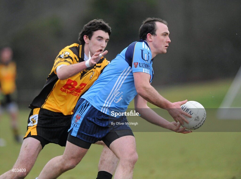 17 February 2010; Enda Kenny, UUJ, in action against James Califf, NUI Maynooth. Ulster Bank Sigerson Cup Quarter-Final, University of Ulster Jordanstown v NUI Maynooth, Jordanstown, Shore Road, Newtownabbey, Co. Antrim. Picture credit: Oliver McVeigh / SPORTSFILE