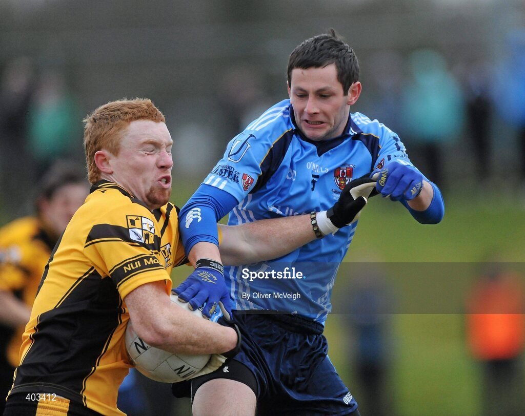 17 February 2010; David Quinn, NUI Maynooth, in action against Ronan McNabb, UUJ. Ulster Bank Sigerson Cup Quarter-Final, University of Ulster Jordanstown v NUI Maynooth, Jordanstown, Shore Road, Newtownabbey, Co. Antrim. Picture credit: Oliver McVeigh / SPORTSFILE