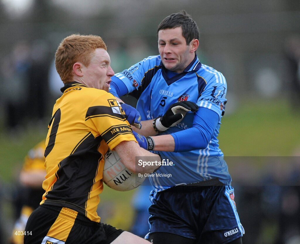 17 February 2010; David Quinn, NUI Maynooth, in action against Ronan McNabb, UUJ. Ulster Bank Sigerson Cup Quarter-Final, University of Ulster Jordanstown v NUI Maynooth, Jordanstown, Shore Road, Newtownabbey, Co. Antrim. Picture credit: Oliver McVeigh / SPORTSFILE