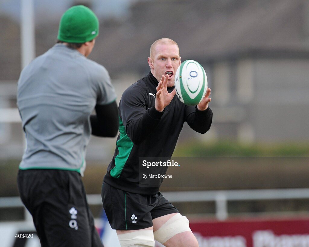 17 February 2010; Ireland's Paul O'Connell collects a pass from team-mate Donncha O'Callaghan during rugby squad training ahead of their RBS Six Nations Rugby Championship game against England on Saturday week. Presentaion Brothers College Grounds, Wilton, Co. Cork. Picture credit: Matt Browne / SPORTSFILE