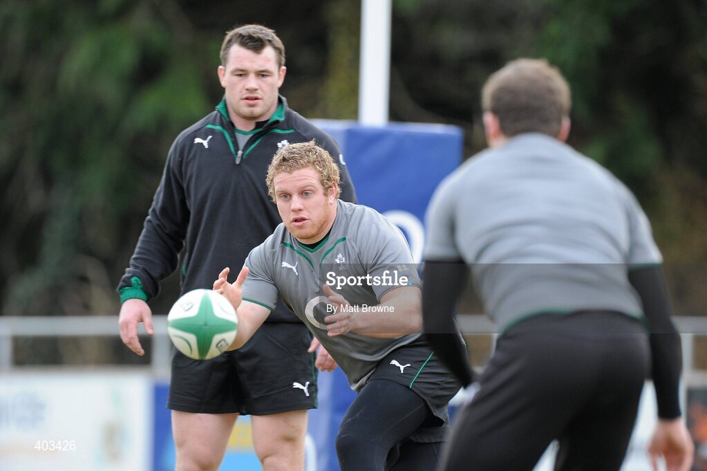 17 February 2010; Ireland's Sean Cronin takes the ball from the pass of team-mate Gordon D'Arcy during rugby squad training ahead of their RBS Six Nations Rugby Championship game against England on Saturday week. Presentaion Brothers College Grounds, Wilton, Co. Cork. Picture credit: Matt Browne / SPORTSFILE