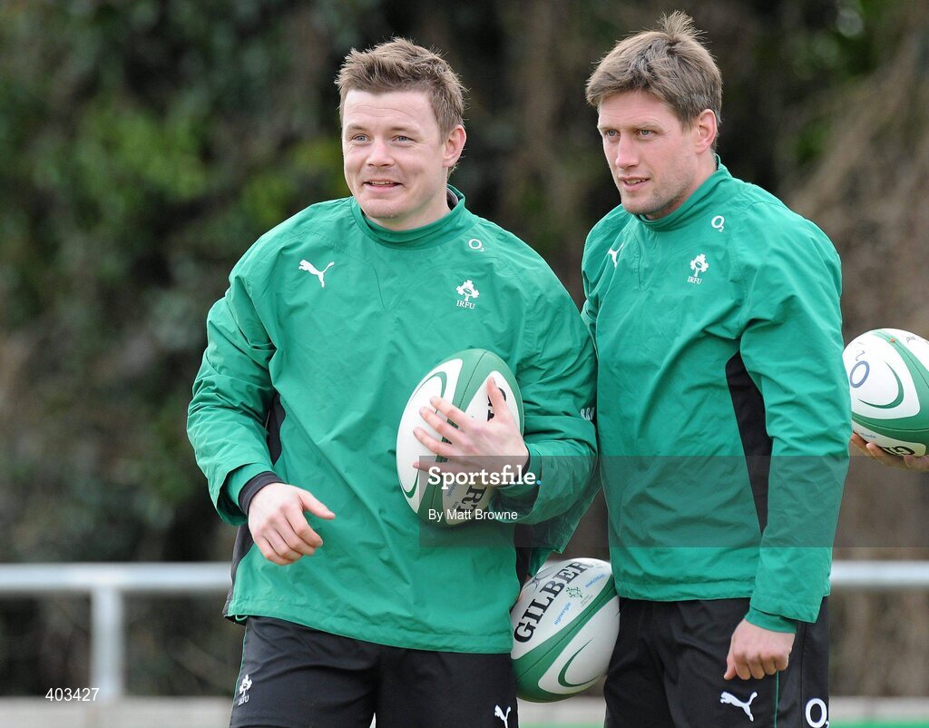 17 February 2010; Ireland's Brian O'Dricsoll with team-mate Ronan O'Gara during rugby squad training ahead of their RBS Six Nations Rugby Championship game against England on Saturday week. Presentaion Brothers College Grounds, Wilton, Co. Cork. Picture credit: Matt Browne / SPORTSFILE