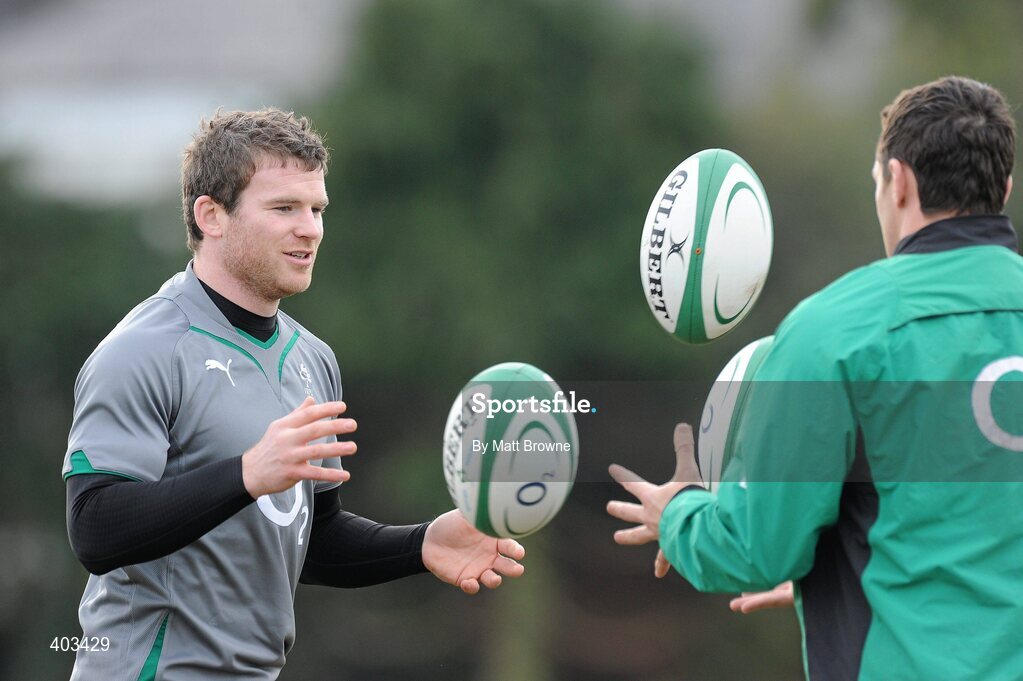 17 February 2010; Ireland's Gordon D'Arcy, left, with team-mate David Wallace during rugby squad training ahead of their RBS Six Nations Rugby Championship game against England on Saturday week. Presentaion Brothers College Grounds, Wilton, Co. Cork. Picture credit: Matt Browne / SPORTSFILE