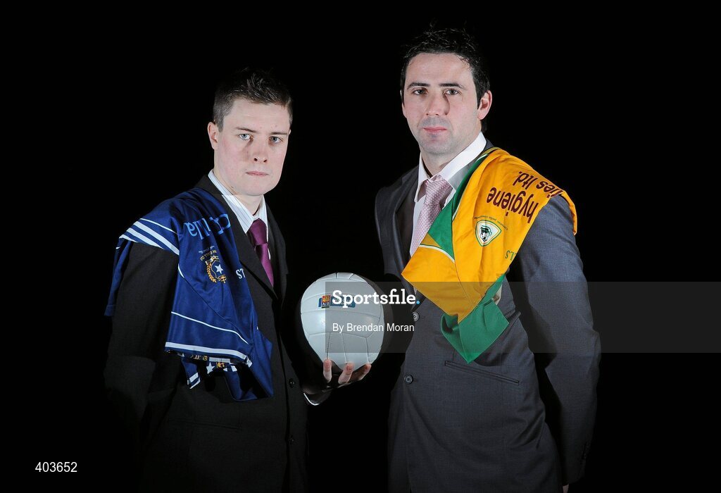 19 February 2010; Pictured ahead of their AIB GAA Football Senior Club Championship Semi-Final on Sunday, 21st of February, are Conor McGourty, left, of St Gall's, Belfast, Co. Antrim, and Kieran Comer, Corofin, Co. Galway. RDS, Ballsbridge, Dublin. Picture credit: Brendan Moran / SPORTSFILE