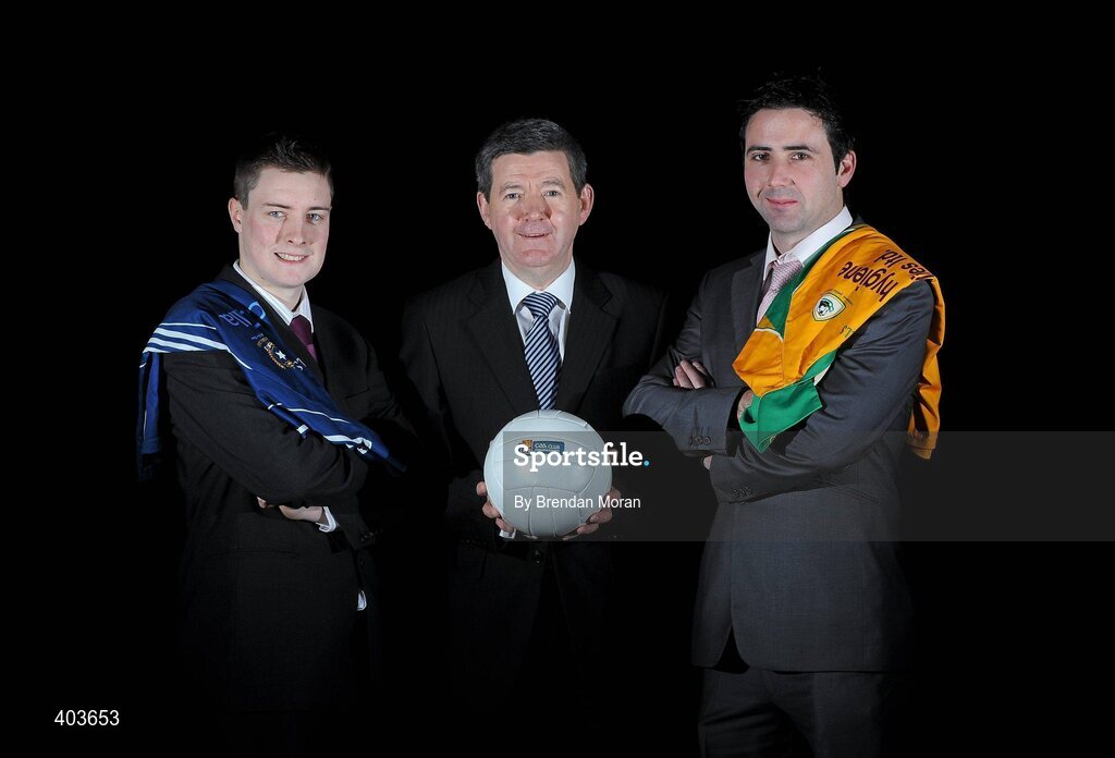 19 February 2010; Pictured ahead of their AIB GAA Football Senior Club Championship Semi-Final on Sunday, 21st of February, are Conor McGourty, left, of St Gall's, Belfast, Co. Antrim, and Kieran Comer, Corofin, Co. Galway, right, with Billy Finn, General Manager, AIB Bank. RDS, Ballsbridge, Dublin. Picture credit: Brendan Moran / SPORTSFILE