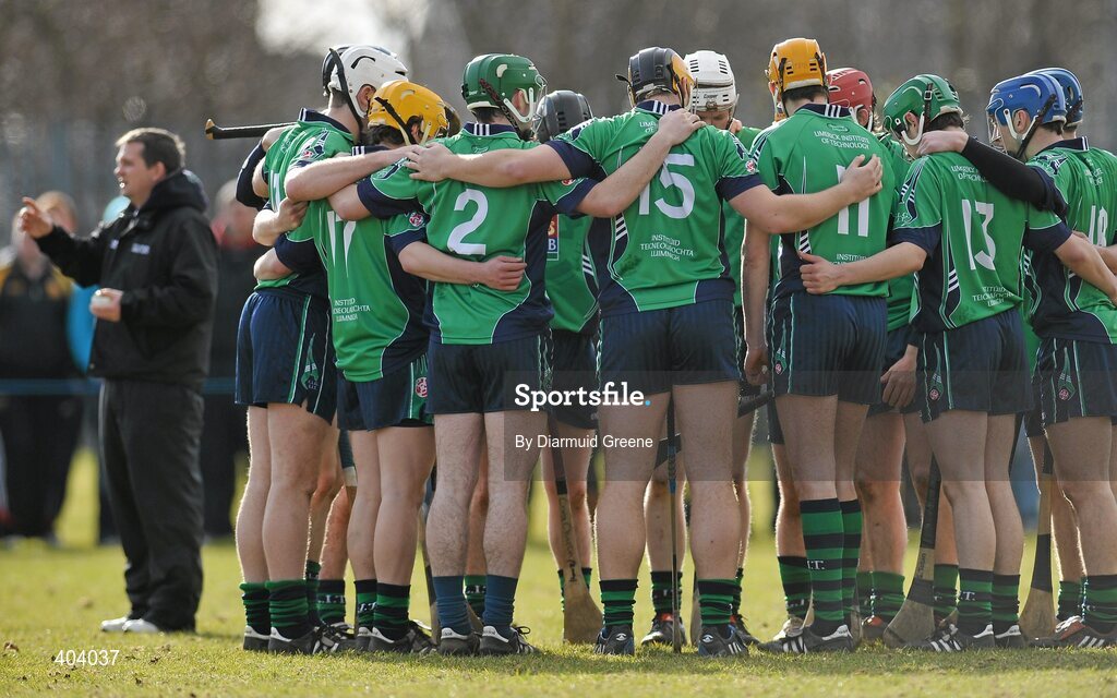16 February 2010; The LIT team gather together in a huddle, alongside manager Davy Fitzgerald, left, before the game. Ulster Bank Fitzgibbon Cup Round 3, Limerick Institute of Technology v Galway Mayo Institute of Technology. Limerick IT, Limerick. Picture credit: Diarmuid Greene / SPORTSFILE