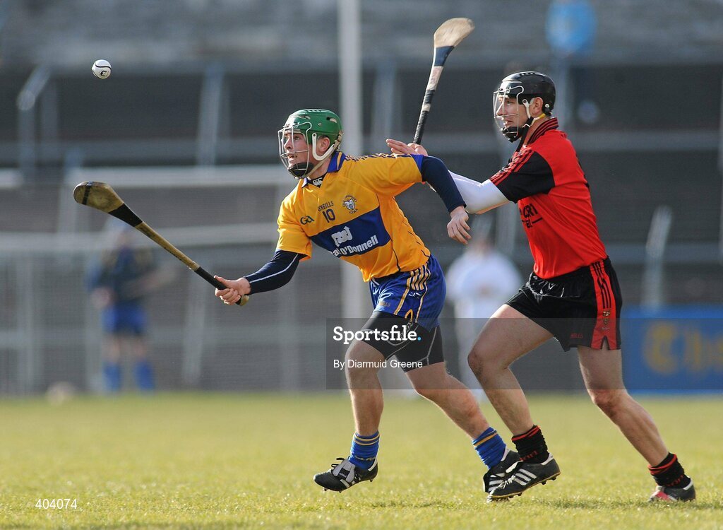 21 February 2010; Sean Collins, Clare, in action against Kevin McGarry, Down. Allianz GAA Hurling National League, Division 2 Round 1, Clare v Down. Cusack Park, Ennis, Co. Clare. Picture credit: Diarmuid Greene / SPORTSFILE