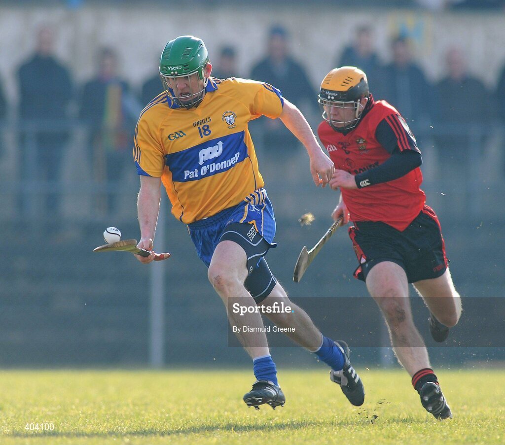 21 February 2010; Diarmuid McMahon, Clare, in action against Connor Woods, Down. Allianz GAA Hurling National League, Division 2 Round 1, Clare v Down. Cusack Park, Ennis, Co. Clare. Picture credit: Diarmuid Greene / SPORTSFILE