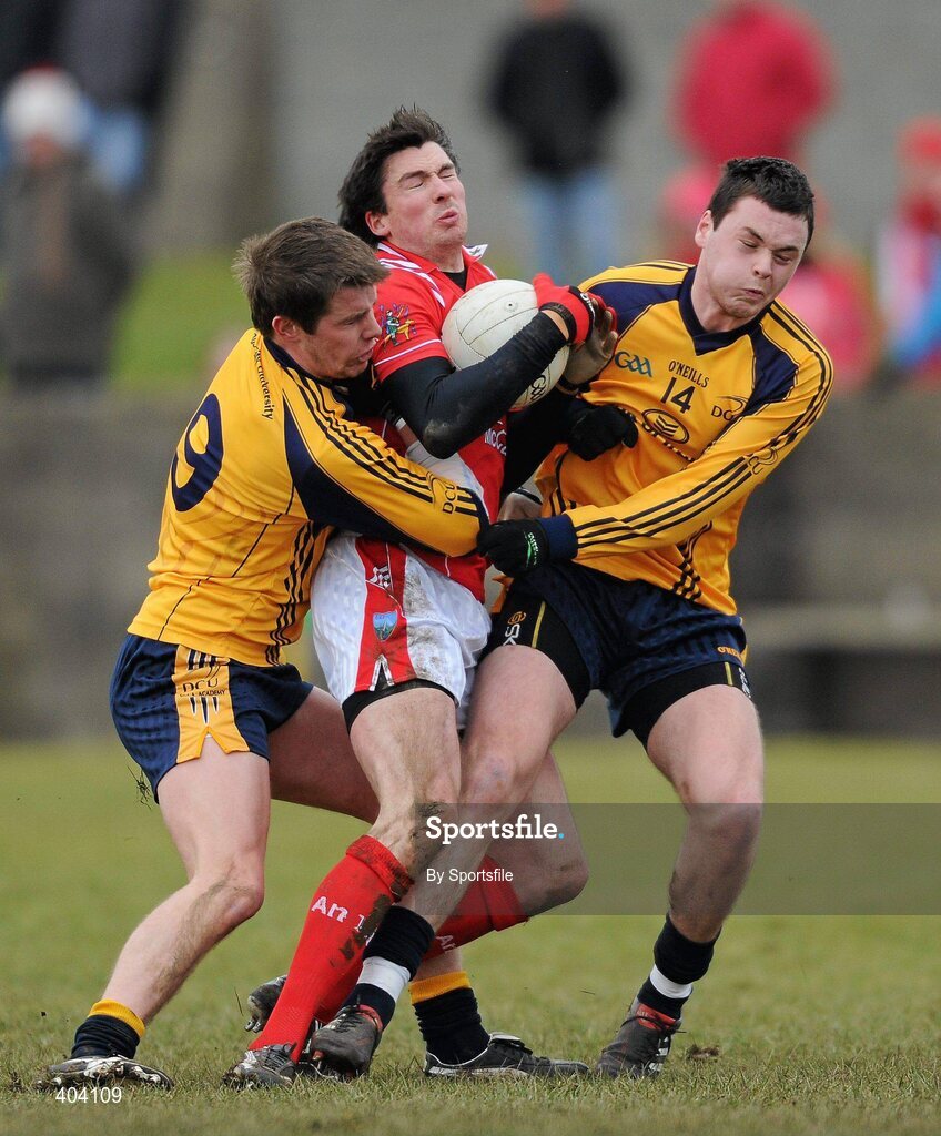21 February 2010; Brian White, Louth, in action against Conor Rafferty, left, and Donal Shine, Dublin City University. O'Byrne Cup Final, Louth v Dublin City University. Dowdallshill, Dundalk, Co. Louth. Photo by Sportsfile