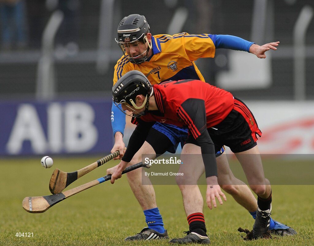 21 February 2010; Paul Keith, Down, in action against Patrick Donnellan, Clare. Allianz GAA Hurling National League, Division 2 Round 1, Clare v Down. Cusack Park, Ennis, Co. Clare. Picture credit: Diarmuid Greene / SPORTSFILE