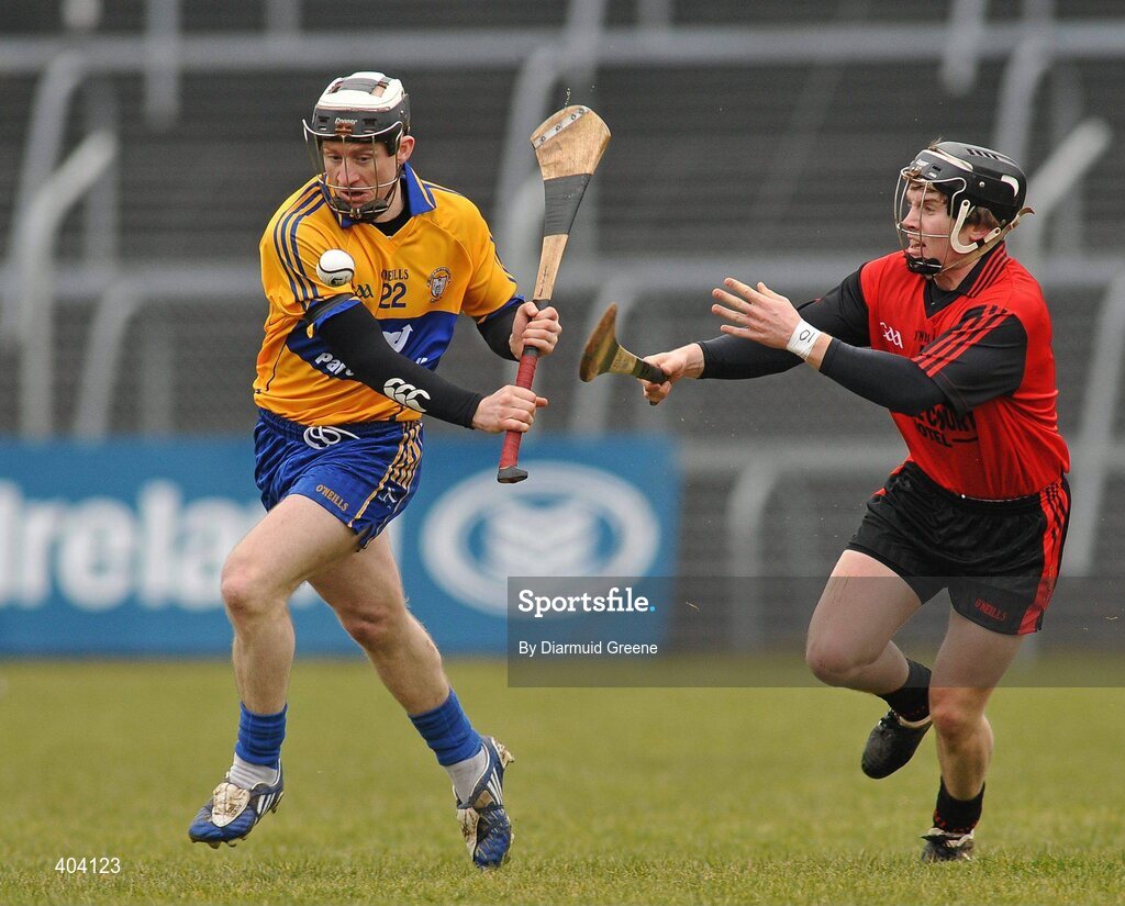 21 February 2010; Alan Brigdale, Clare, in action against James Coyle, Down. Allianz GAA Hurling National League, Division 2 Round 1, Clare v Down. Cusack Park, Ennis, Co. Clare. Picture credit: Diarmuid Greene / SPORTSFILE