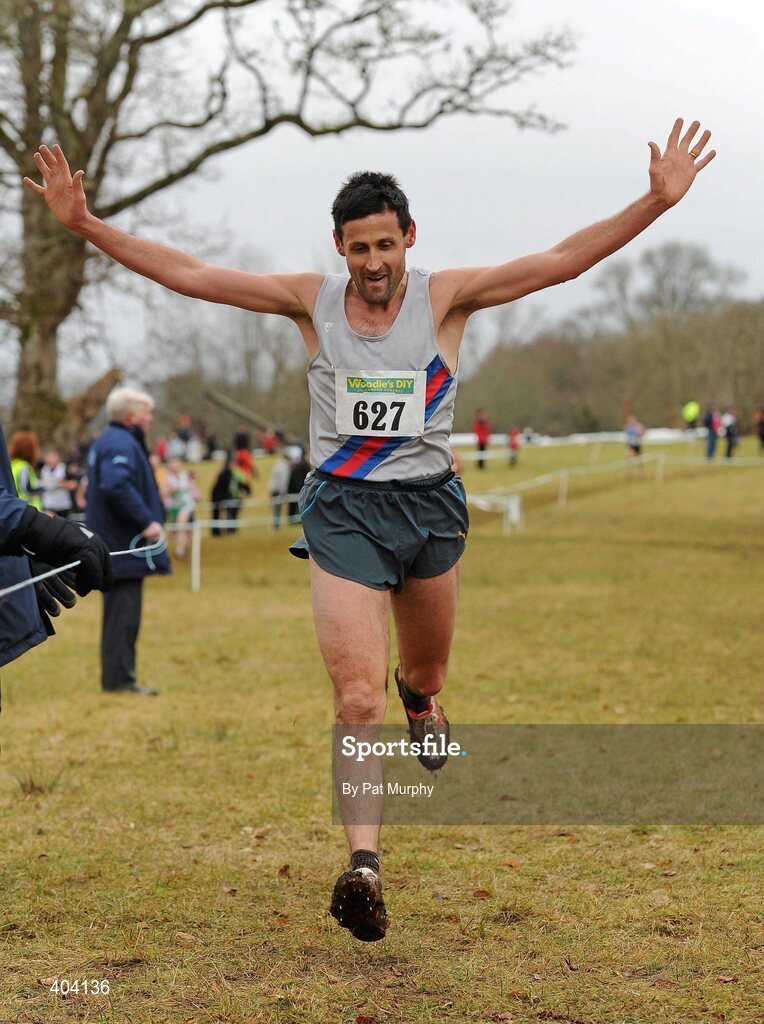 21 February 2010; Peter Matthews, Dundrum South Dublin A.C., crosses the line to win the Woodie’s DIY Masters Cross Country. Senior Athletes, Woodie’s DIY Masters Cross Country. Lough Key Forest Park, Boyle, Co. Roscommon. Picture credit: Pat Murphy / SPORTSFILE
